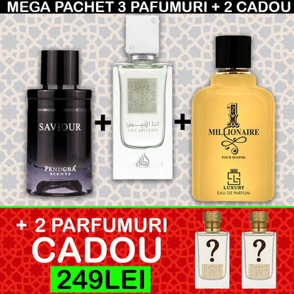 MEGA PACHET 3+2 GRATIS: Saviour Pendora Scents + 1 Milionaire Khalis + Ana Abiyedh Leather + 2 PARFUMURI SURPRIZA