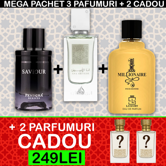MEGA PACHET 3+2 GRATIS: Saviour Pendora Scents + 1 Milionaire Khalis + Ana Abiyedh Leather + 2 PARFUMURI SURPRIZA