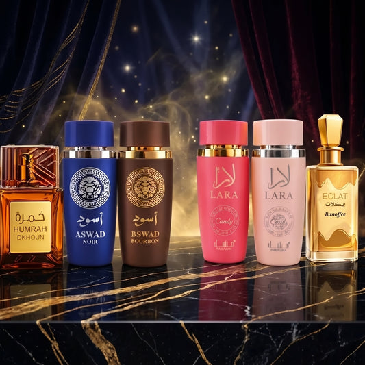 SUPER OFERTA 6 PARFUMURI 100ML (3 DAMA + 3 BARBATI) - HUMRAH DKHOUN + ASWAD AQUA + ASWAD BOURBON + LARA CANDY + LARA + ECLAT BANOFFEE