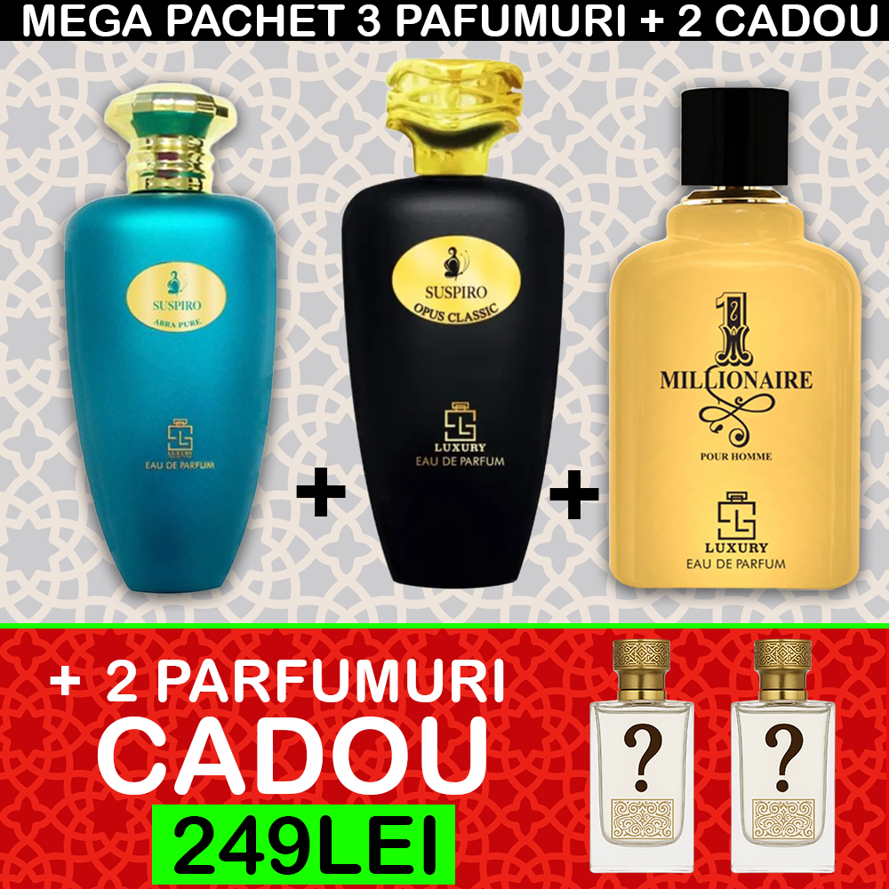MEGA PACHET 3+2 GRATIS: Suspiro Opus Classic + Suspiro Abra Pure + 1 Milionaire Khalis + 2 PARFUMURI CADOU