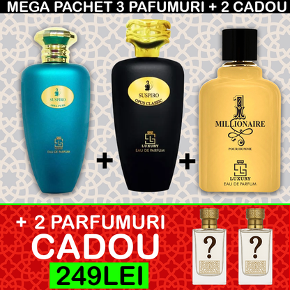MEGA PACHET 3+2 GRATIS: Suspiro Opus Classic + Suspiro Abra Pure + 1 Milionaire Khalis + 2 PARFUMURI CADOU
