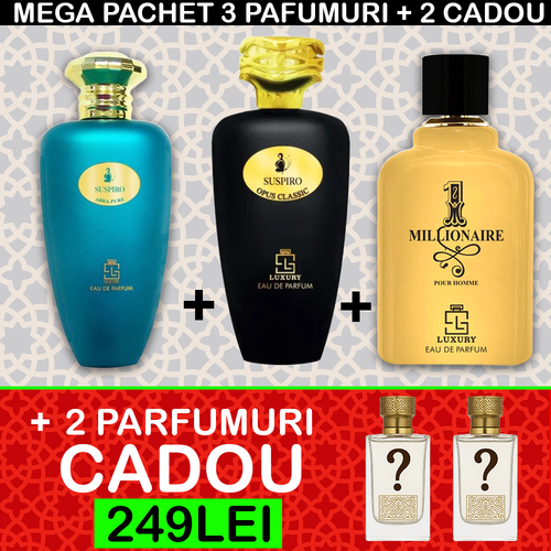 MEGA PACHET 3+2 GRATIS: Suspiro Opus Classic + Suspiro Abra Pure + 1 Milionaire Khalis + 2 PARFUMURI CADOU